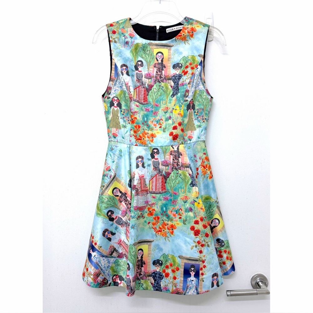 Alice + Olivia Kourtney Palace Print Mini Dress Blue Floral Satin Stace Face 2
